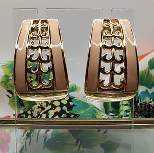 Vintage Large Gold Tone Enameled Peach Pierced Earrings